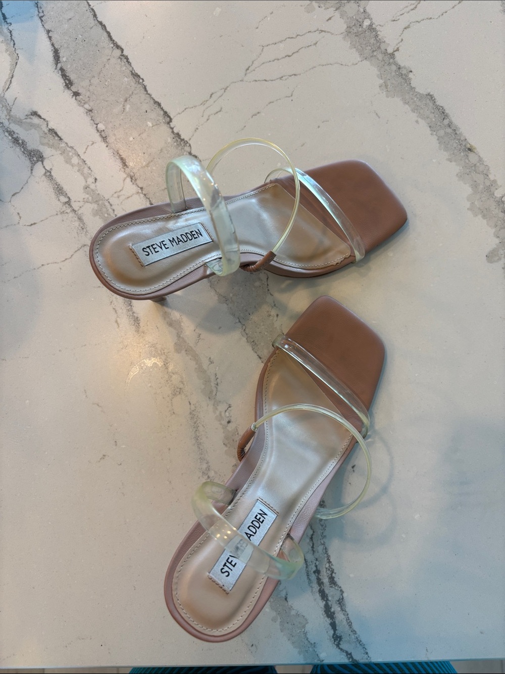 Steve Madden Tan Square-Toe Sandals with Clear Straps